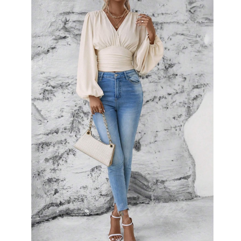 Beige V-Neck Long Lantern Sleeve Ruched Top Shirt Blouse - Picture 4 of 9